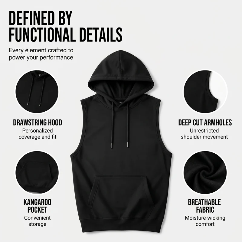 🔥 Sleeveless Hooded Sports Top💧 Moisture-wicking · Quick-drying and friction-resistant🧢 Hooded for sun protection and wind resistance · 🏋️ Perfect for weightlifting, running, or casual wear - Image 4