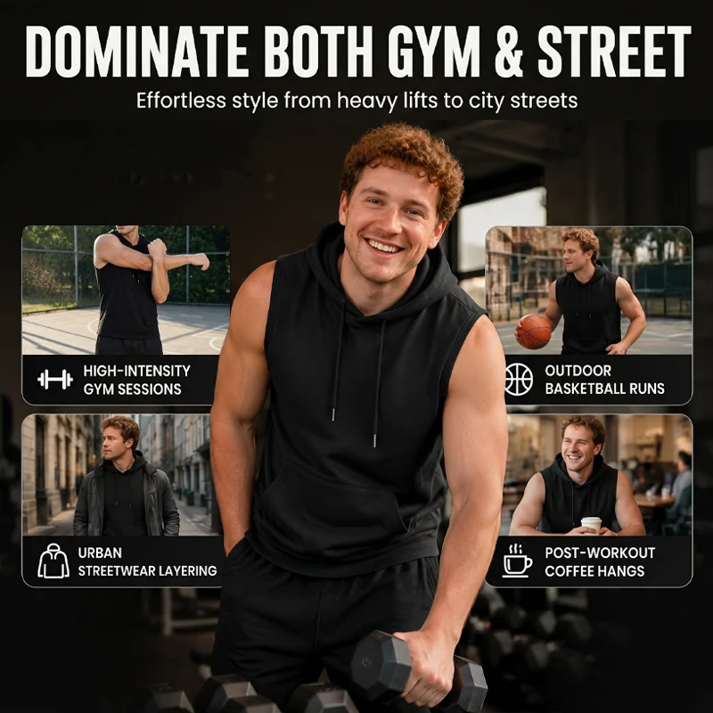 🔥 Sleeveless Hooded Sports Top💧 Moisture-wicking · Quick-drying and friction-resistant🧢 Hooded for sun protection and wind resistance · 🏋️ Perfect for weightlifting, running, or casual wear - Image 8
