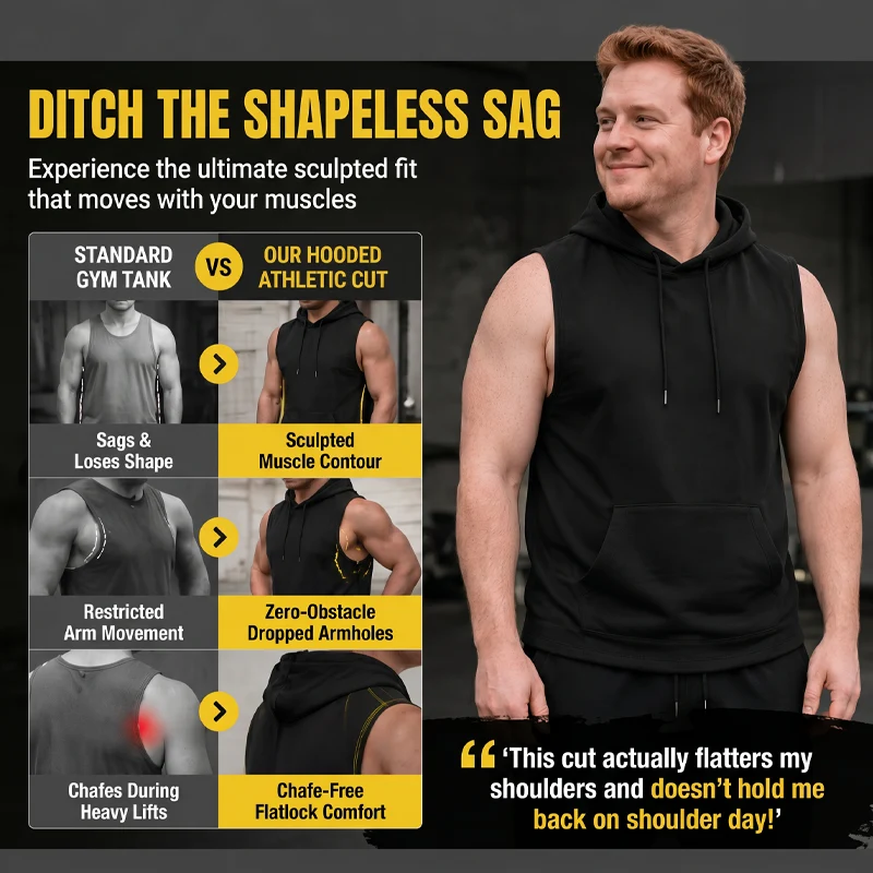 🔥 Sleeveless Hooded Sports Top💧 Moisture-wicking · Quick-drying and friction-resistant🧢 Hooded for sun protection and wind resistance · 🏋️ Perfect for weightlifting, running, or casual wear - Image 6