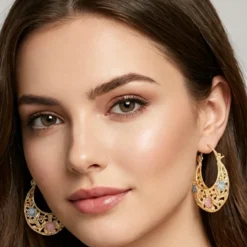 Alternative view of Gold-Plated Crescent Hoop Earrings with Enamel Flowers