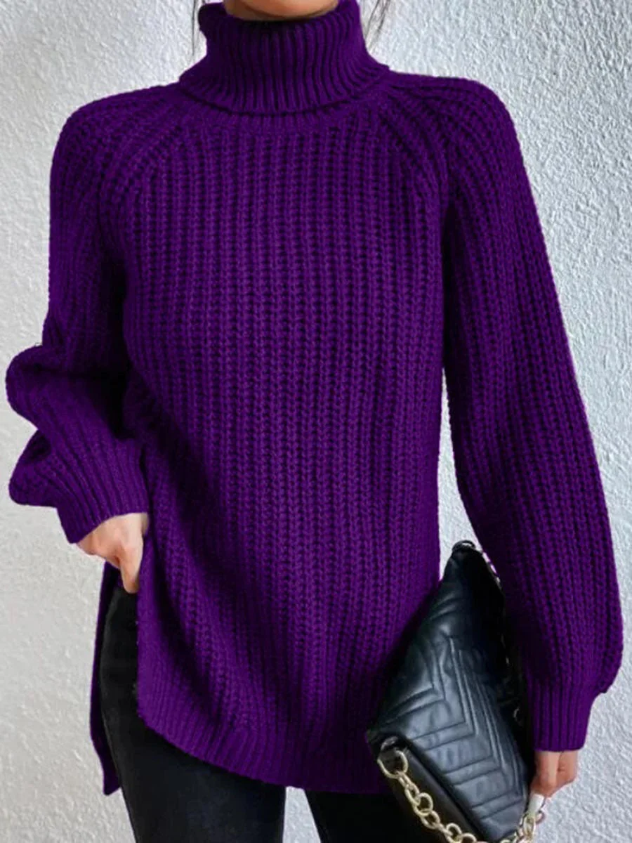 Cotton Turtleneck Raglan Sleeve Split Hem Sweater - Image 4