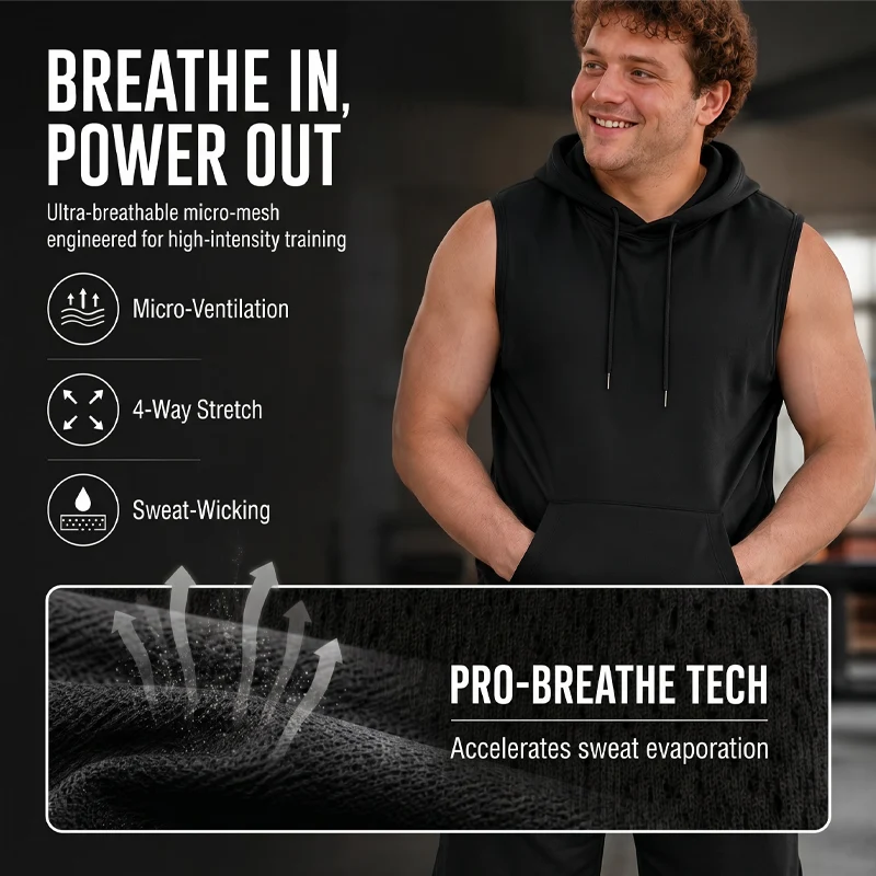 🔥 Sleeveless Hooded Sports Top💧 Moisture-wicking · Quick-drying and friction-resistant🧢 Hooded for sun protection and wind resistance · 🏋️ Perfect for weightlifting, running, or casual wear - Image 7
