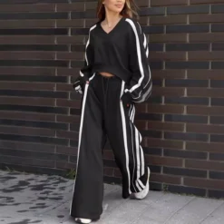 Alternative view of Casual V-Neck Striped Sweat & Wide Leg Pants Two-Piece Set