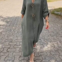 Casual V-neck Cotton and Linen Dress