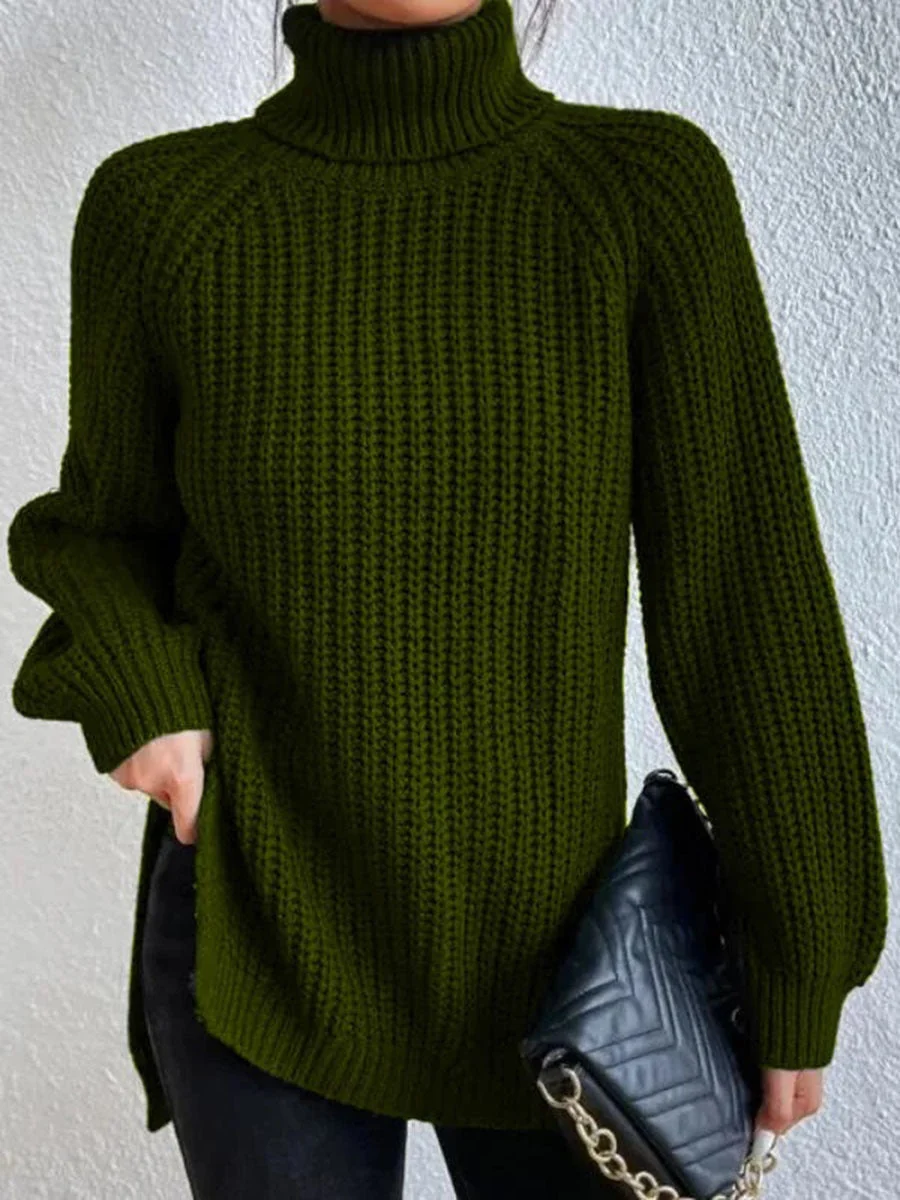 Cotton Turtleneck Raglan Sleeve Split Hem Sweater - Image 3