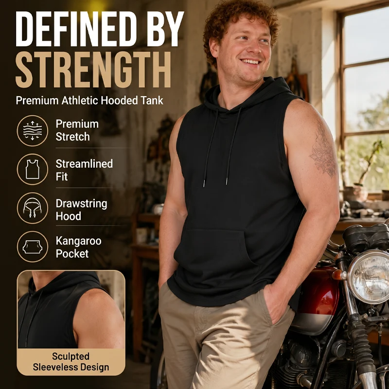 🔥 Sleeveless Hooded Sports Top💧 Moisture-wicking · Quick-drying and friction-resistant🧢 Hooded for sun protection and wind resistance · 🏋️ Perfect for weightlifting, running, or casual wear