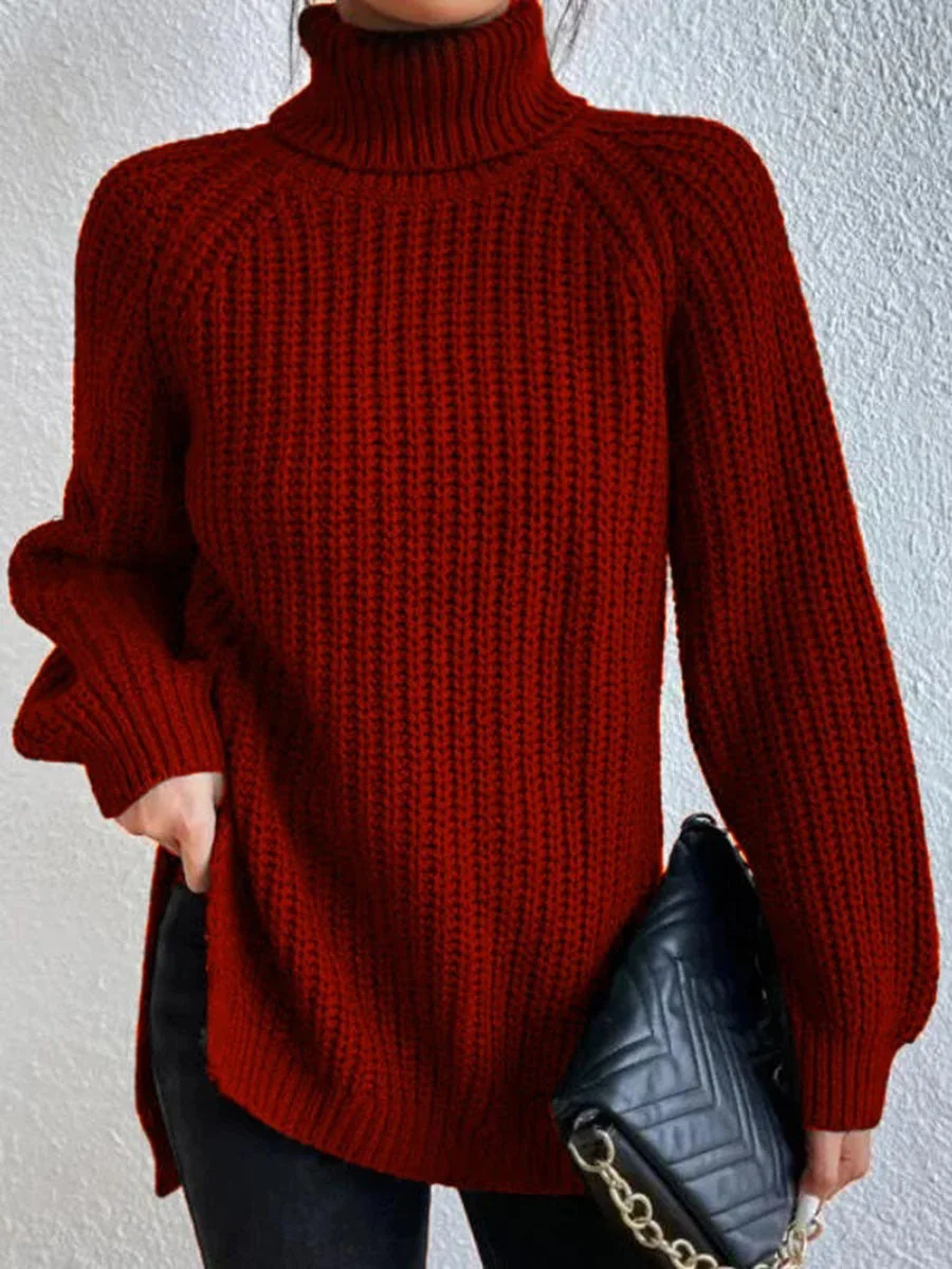 Cotton Turtleneck Raglan Sleeve Split Hem Sweater - Image 9