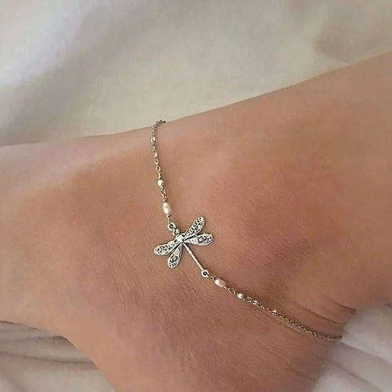 SILVER DRAGONFLY ANKLET WITH PEARL - Image 2