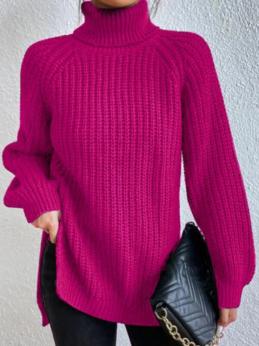Cotton Turtleneck Raglan Sleeve Split Hem Sweater - Image 2