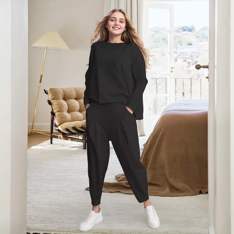 Round-Neck Long-Sleeved Top & Pants 2-Piece Set - Image 3