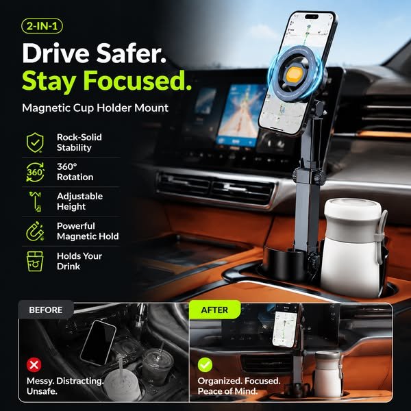 ⭐2026 New Arrival💥HOT SALE🥳🧲Car Cup Holder Phone Mount – 360° Adjustable, Strong N52 Magnet, One-Hand Operation, Fits All Phones, Stable Magnetic & Clamp Models for Safe Driving - Image 4